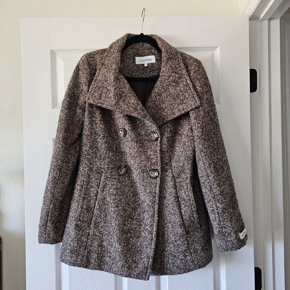 Calvin Klein Sz 2 Women's Brown Speckled Wool Weave Peacoat #97 - Picture 2 of 9